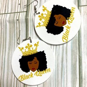 Black queens painted wood earrings gold white